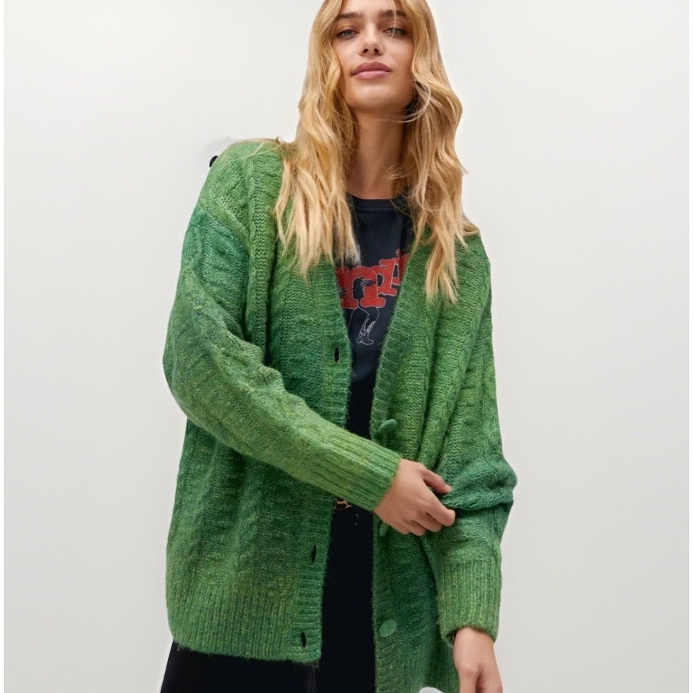 Daydreamer Ombre Cardigan in Green Jade Sz L Cable Knit Fuzzy Wool Blend Grunge - Picture 2 of 15